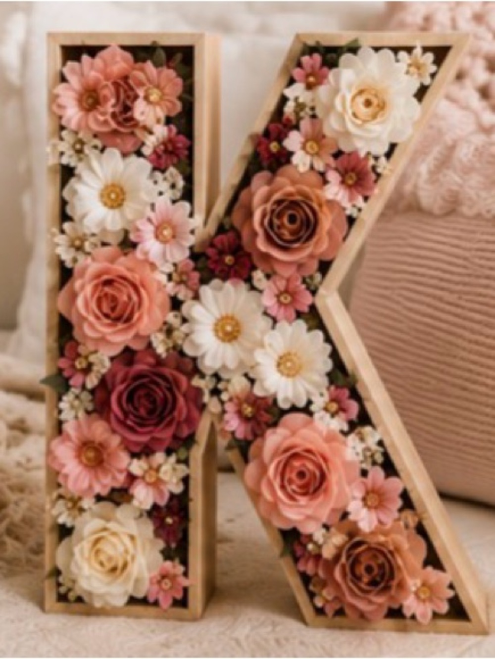 Floral Letter K Wall Accent in Pink and Cream - Decorative Home Accent